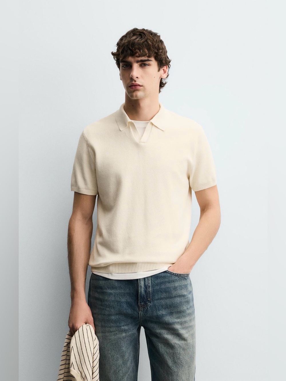 Zara Men's Cream Textured Knit Polo